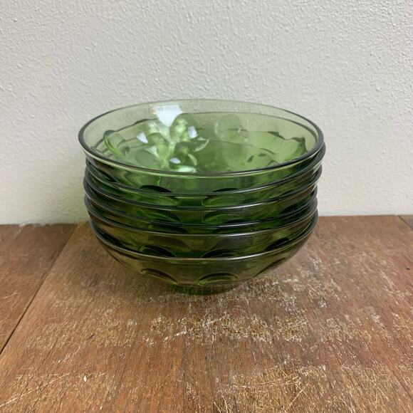 Set of 6 Vintage Hazel Atlas Glass 5" Bowls Green‎ Gold Capri Dot - Picture 1 of 8
